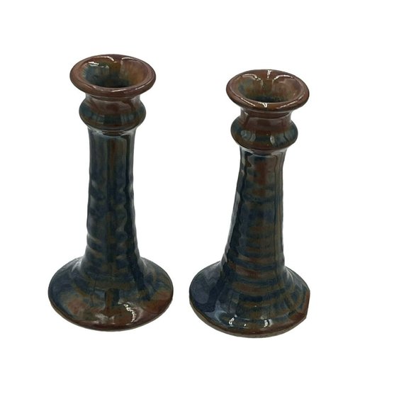 Studio Pottery Pair Of Candlestick Holder Drip Glaze Blue Brown Artist Signed 6” - Picture 6 of 8
